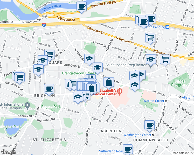 map of restaurants, bars, coffee shops, grocery stores, and more near 359 Market Street in Boston