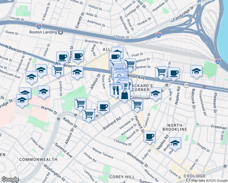 map of restaurants, bars, coffee shops, grocery stores, and more near 9 Park Vale Avenue in Boston