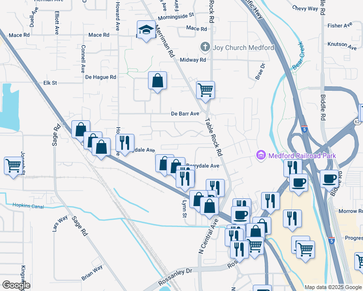 map of restaurants, bars, coffee shops, grocery stores, and more near 2281 Table Rock Road in Medford
