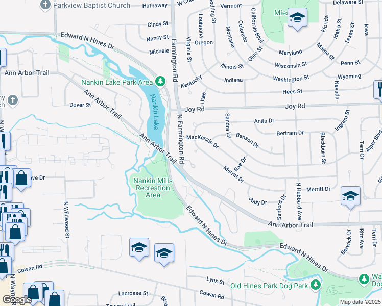 map of restaurants, bars, coffee shops, grocery stores, and more near 33047 Merritt Court in Westland