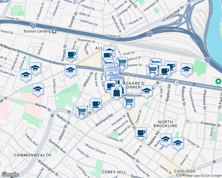 map of restaurants, bars, coffee shops, grocery stores, and more near 1245 Commonwealth Avenue in Boston