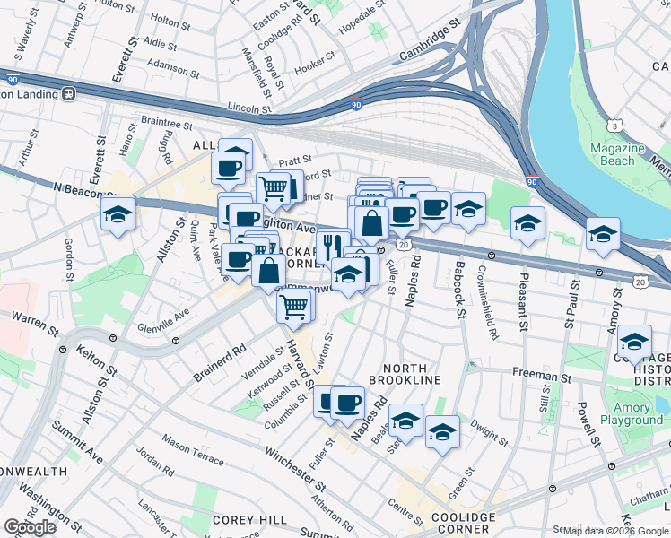 map of restaurants, bars, coffee shops, grocery stores, and more near 1131 Commonwealth Avenue in Boston