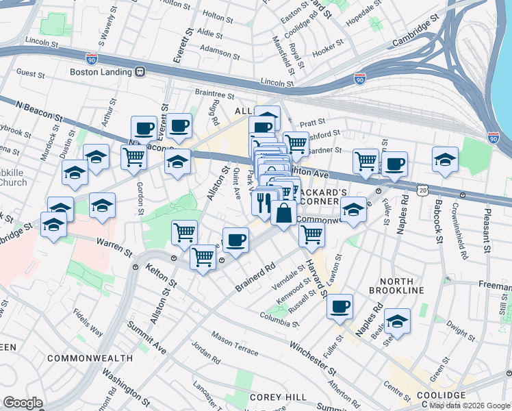 map of restaurants, bars, coffee shops, grocery stores, and more near 10-14 Park Vale Avenue in Boston