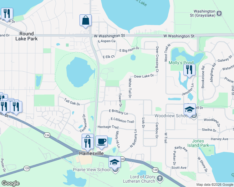 map of restaurants, bars, coffee shops, grocery stores, and more near 378 Tower Drive in Hainesville