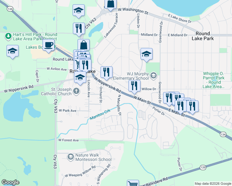 map of restaurants, bars, coffee shops, grocery stores, and more near 211 Nippersink Avenue in Round Lake