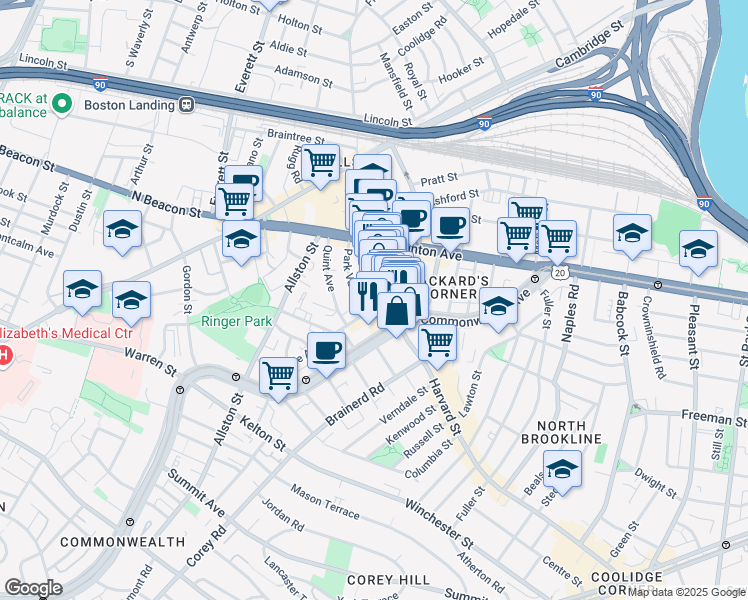 map of restaurants, bars, coffee shops, grocery stores, and more near 183c Harvard Avenue in Boston