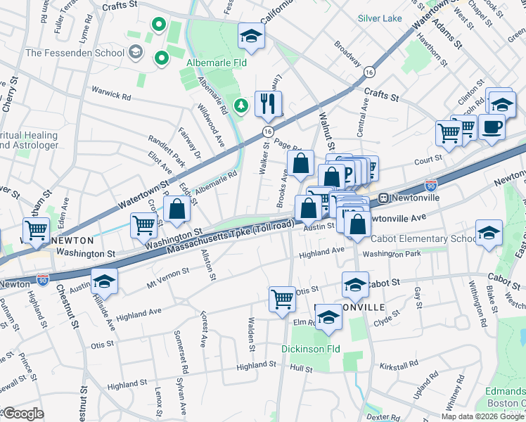 map of restaurants, bars, coffee shops, grocery stores, and more near 973 Washington Street in Newton