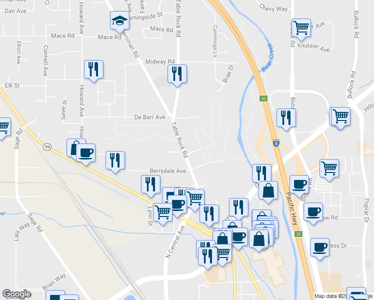 map of restaurants, bars, coffee shops, grocery stores, and more near 2308 Table Rock Road in Medford