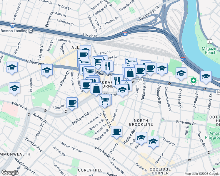 map of restaurants, bars, coffee shops, grocery stores, and more near 11 Chester Street in Boston