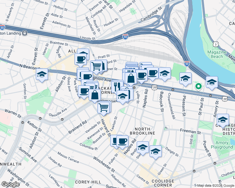 map of restaurants, bars, coffee shops, grocery stores, and more near 1131 Commonwealth Avenue in Boston