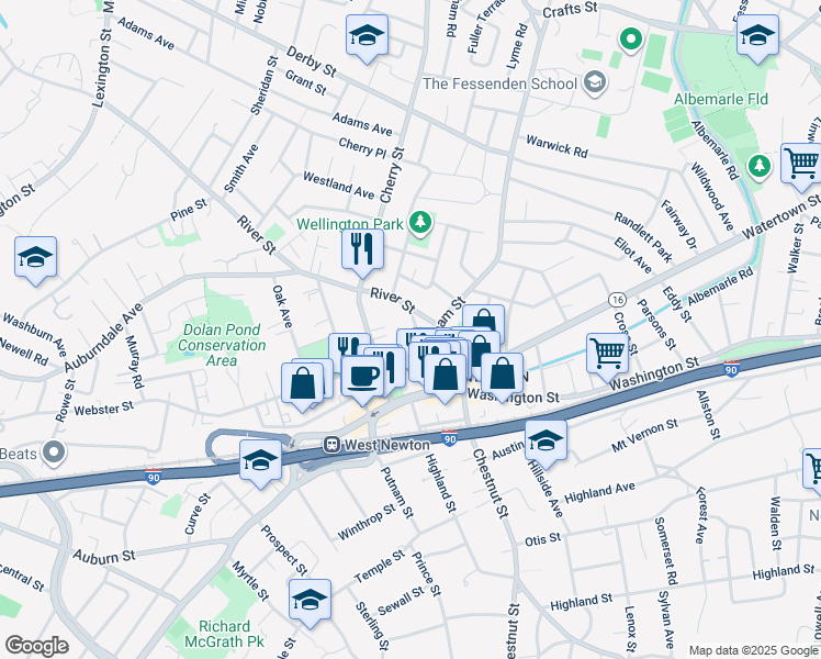 map of restaurants, bars, coffee shops, grocery stores, and more near 17 Warren Avenue in Newton