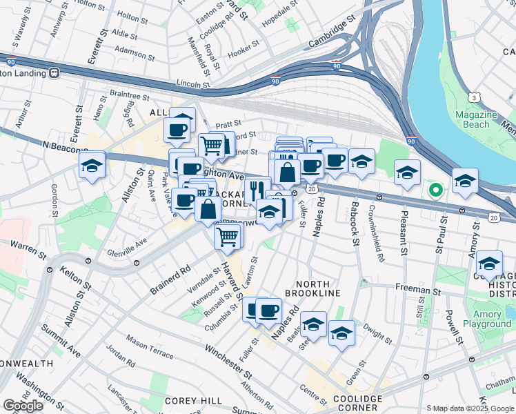 map of restaurants, bars, coffee shops, grocery stores, and more near 1131 Commonwealth Avenue in Boston
