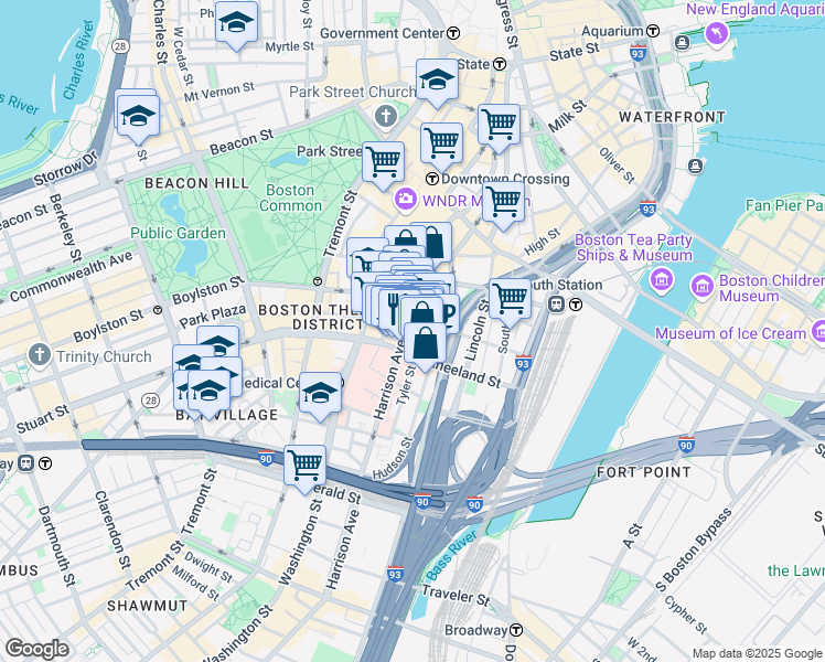 map of restaurants, bars, coffee shops, grocery stores, and more near 11 Tyler Street in Boston