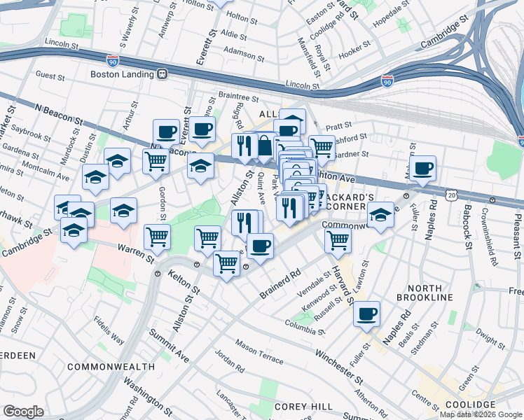 map of restaurants, bars, coffee shops, grocery stores, and more near 17 Radcliffe Road in Boston