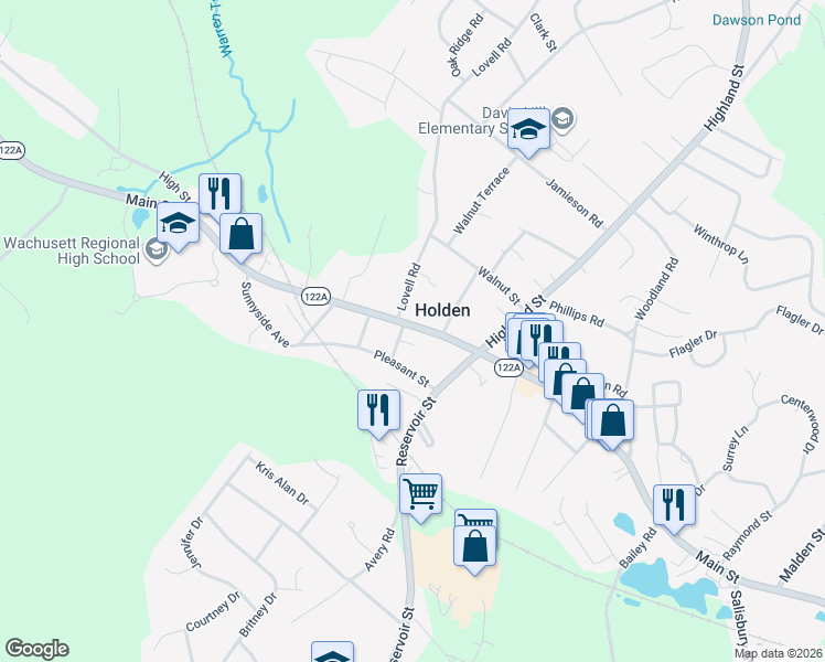 map of restaurants, bars, coffee shops, grocery stores, and more near 1233 Main Street in Holden