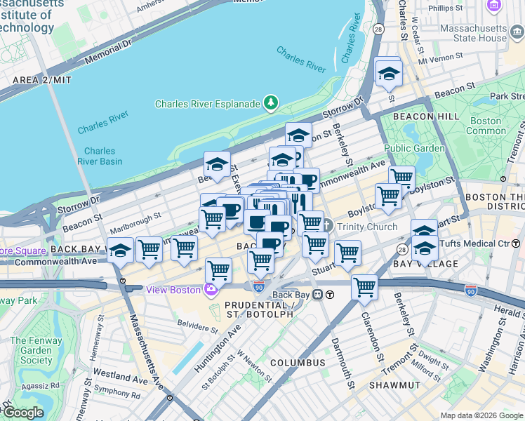 map of restaurants, bars, coffee shops, grocery stores, and more near 176 Newbury Street in Boston