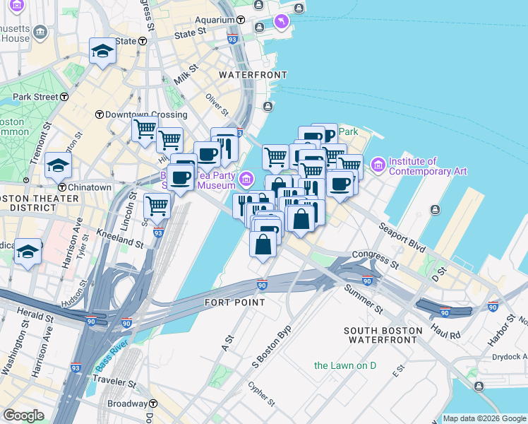 map of restaurants, bars, coffee shops, grocery stores, and more near 313 Congress Street in Boston