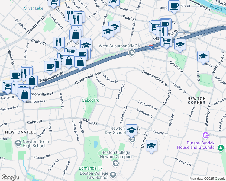 map of restaurants, bars, coffee shops, grocery stores, and more near 9 Princeton Street in Newton