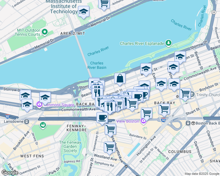map of restaurants, bars, coffee shops, grocery stores, and more near 443 Beacon Street in Brookline