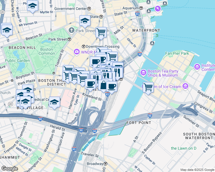 map of restaurants, bars, coffee shops, grocery stores, and more near 711 Atlantic Avenue in Boston