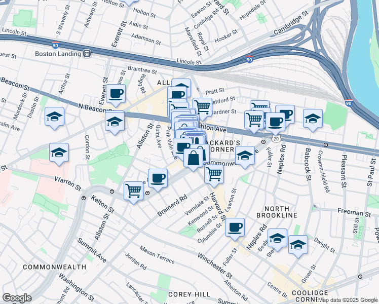 map of restaurants, bars, coffee shops, grocery stores, and more near 1245 Commonwealth Avenue in Boston