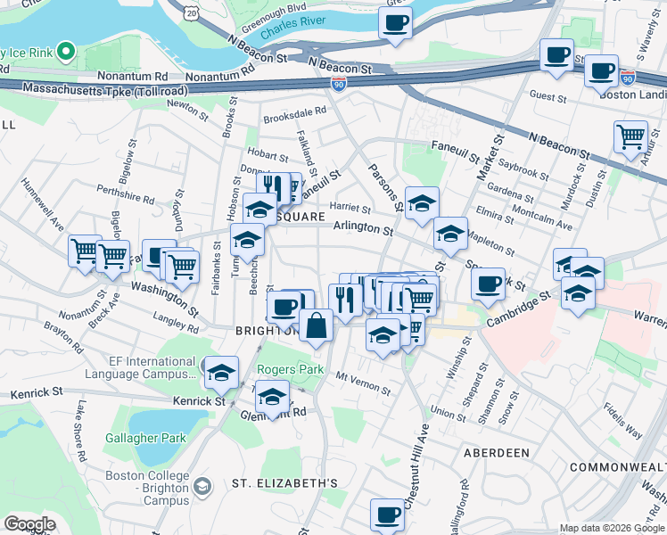 map of restaurants, bars, coffee shops, grocery stores, and more near 87 Surrey Street in Boston