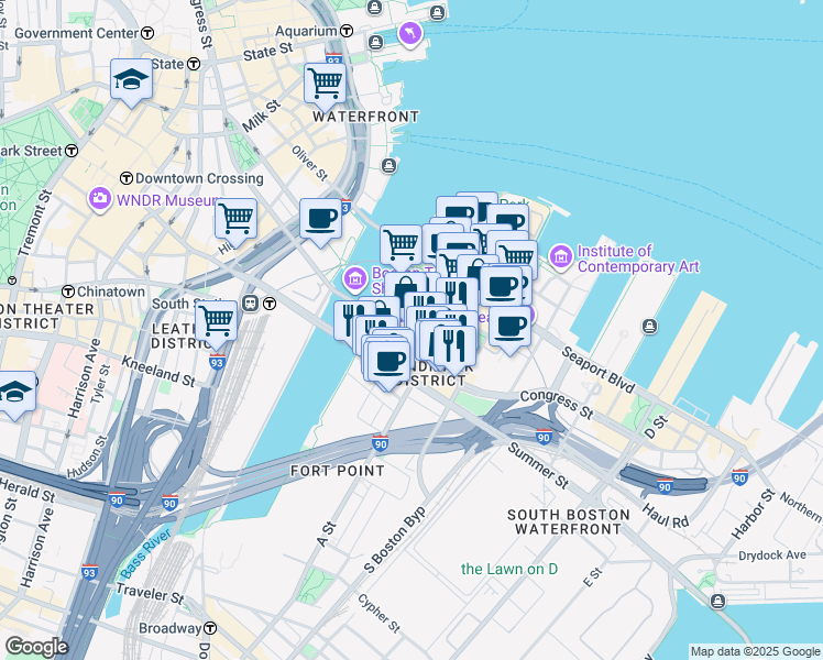 map of restaurants, bars, coffee shops, grocery stores, and more near 332 Congress Street in Boston