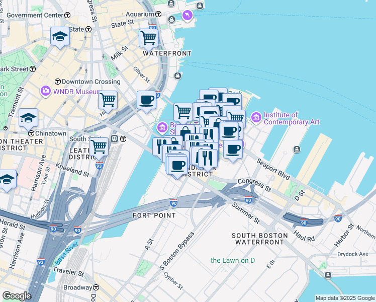 map of restaurants, bars, coffee shops, grocery stores, and more near 332 Congress Street in Boston