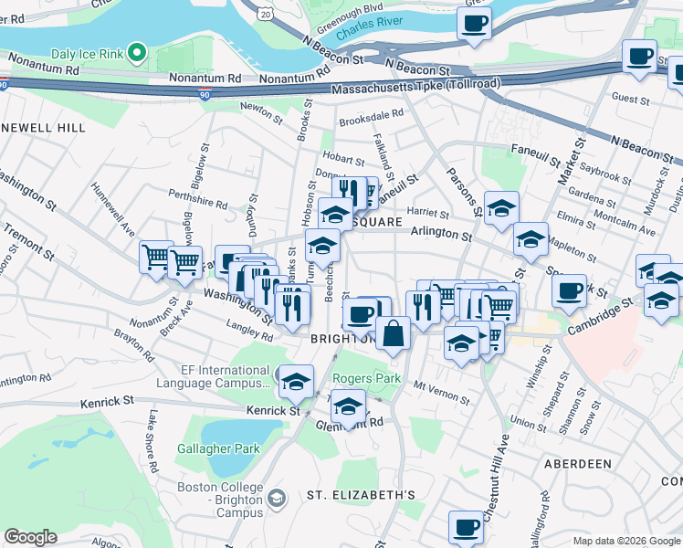 map of restaurants, bars, coffee shops, grocery stores, and more near 59 Brock Street in Boston