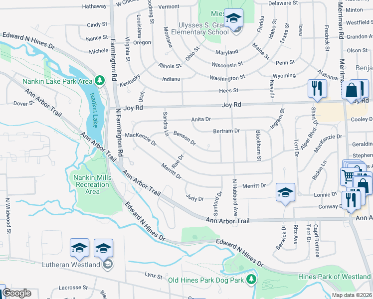 map of restaurants, bars, coffee shops, grocery stores, and more near 32700 Sandra Lane in Westland