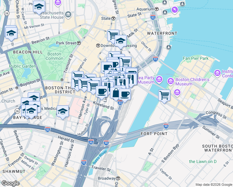 map of restaurants, bars, coffee shops, grocery stores, and more near 711 Atlantic Avenue in Boston