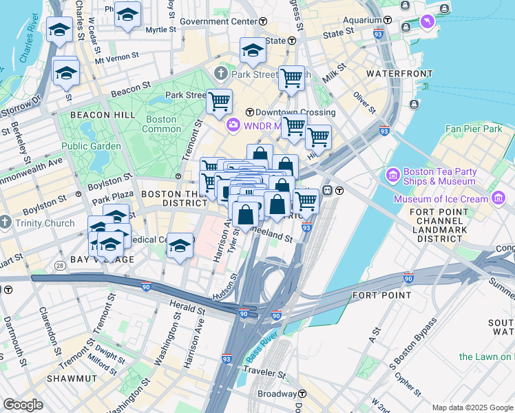map of restaurants, bars, coffee shops, grocery stores, and more near John F Fitzgerald Surface Road in Boston