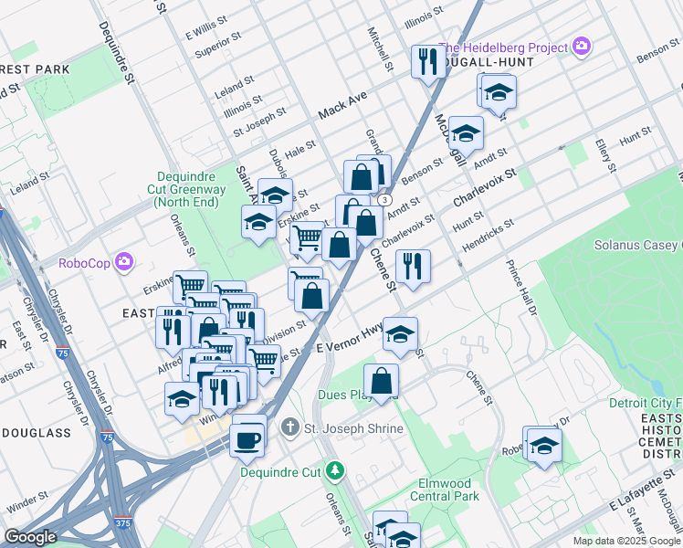 map of restaurants, bars, coffee shops, grocery stores, and more near 2234 Gratiot Avenue in Detroit