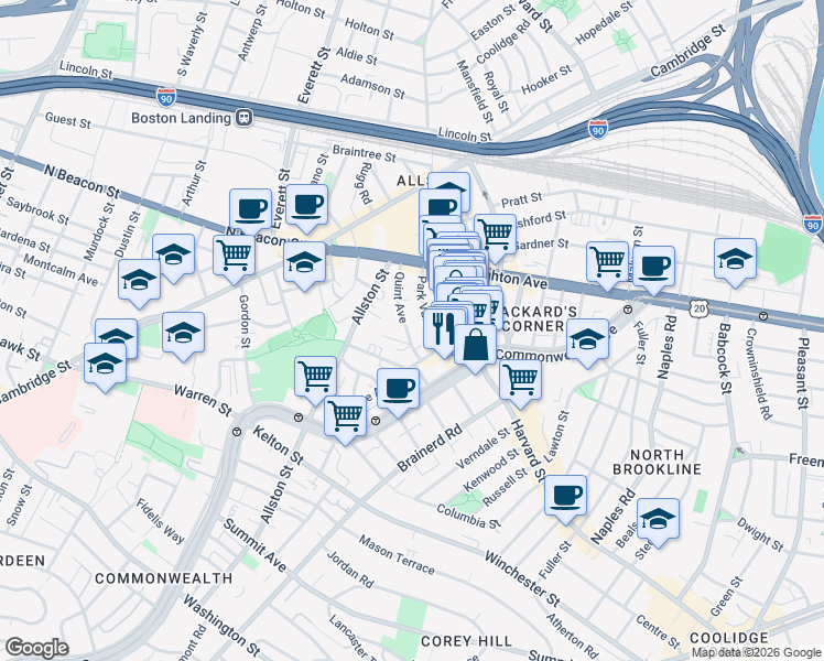 map of restaurants, bars, coffee shops, grocery stores, and more near 10-14 Park Vale Avenue in Boston
