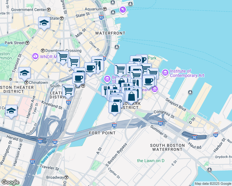 map of restaurants, bars, coffee shops, grocery stores, and more near 313 Congress Street in Boston