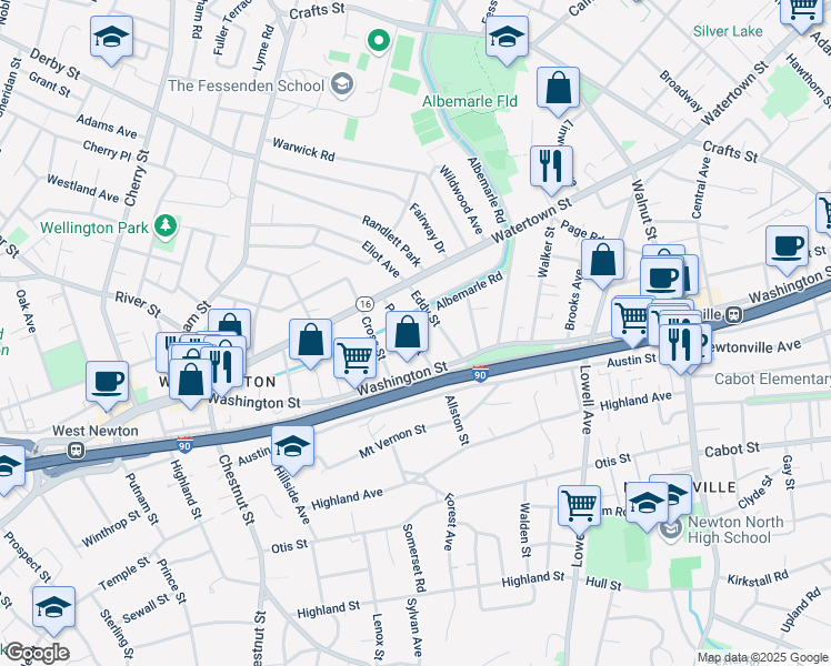 map of restaurants, bars, coffee shops, grocery stores, and more near 42 Parsons Street in Newton