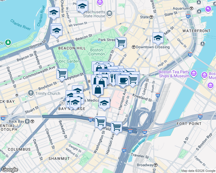 map of restaurants, bars, coffee shops, grocery stores, and more near 39 Stuart Street in Boston