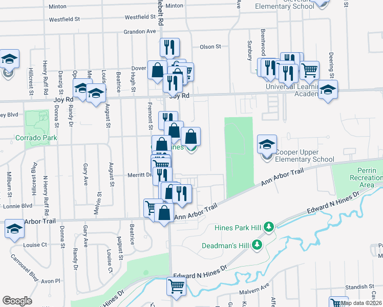 map of restaurants, bars, coffee shops, grocery stores, and more near 8450 North Middlebelt Road in Westland