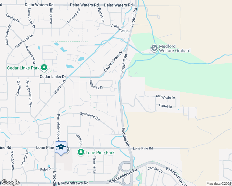 map of restaurants, bars, coffee shops, grocery stores, and more near 2380 North Foothill Road in Medford