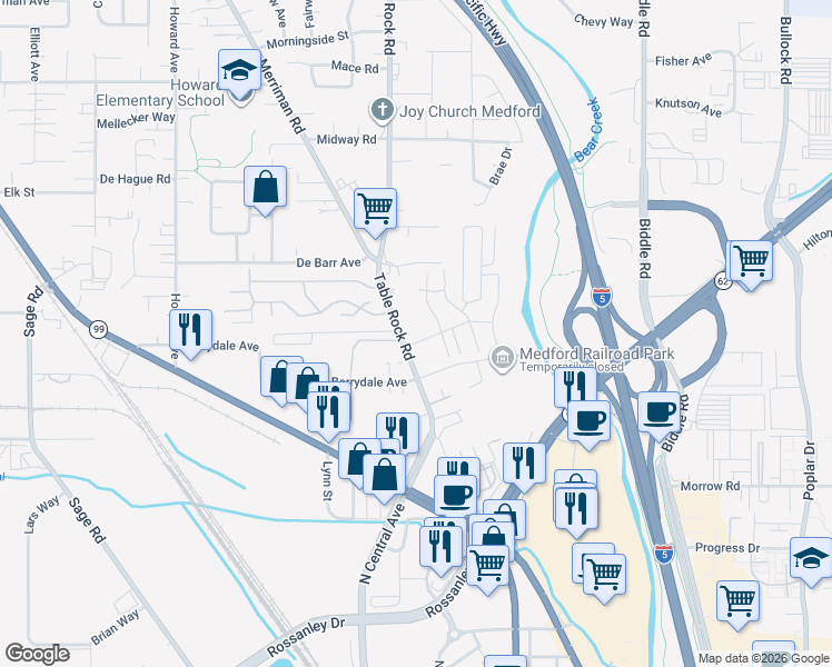 map of restaurants, bars, coffee shops, grocery stores, and more near 2308 Table Rock Road in Medford