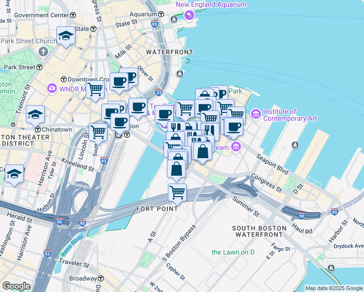 map of restaurants, bars, coffee shops, grocery stores, and more near 305 Congress Street in Boston