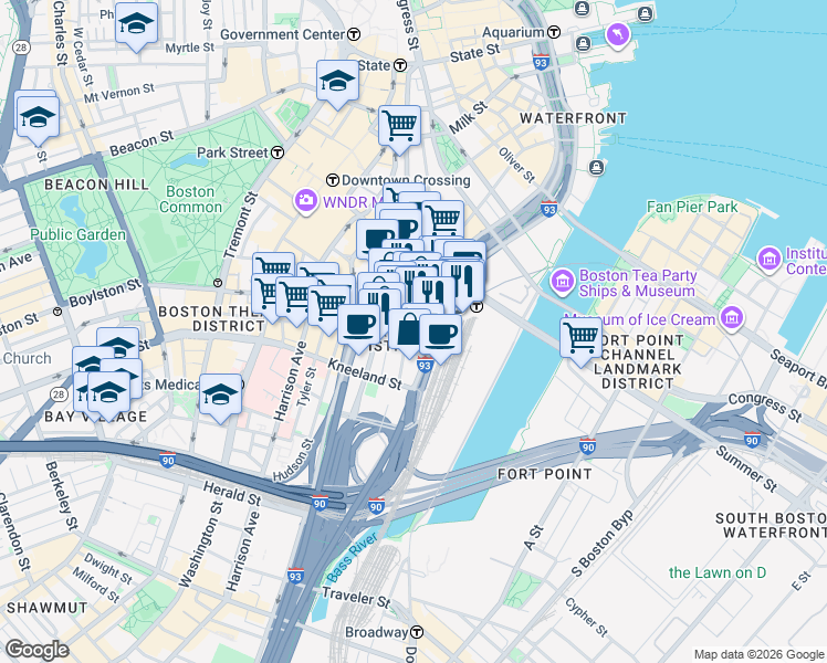map of restaurants, bars, coffee shops, grocery stores, and more near 711 Atlantic Avenue in Boston
