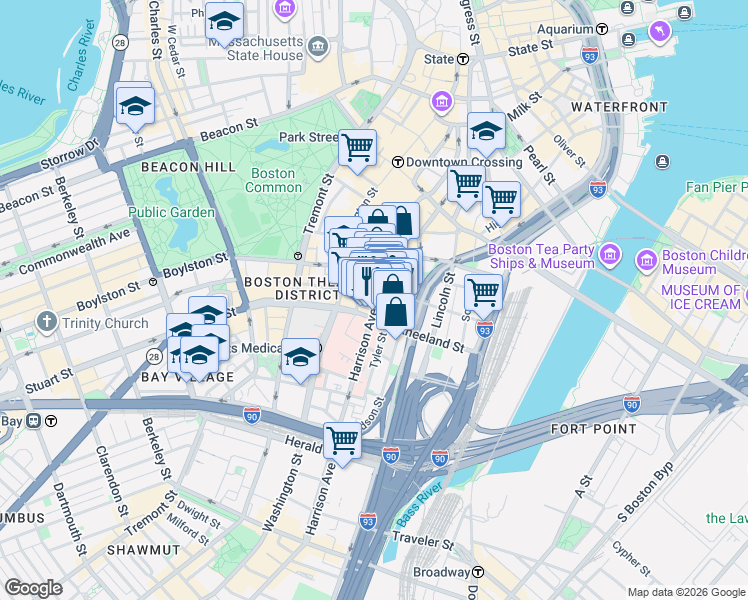 map of restaurants, bars, coffee shops, grocery stores, and more near Highway 3 in Boston