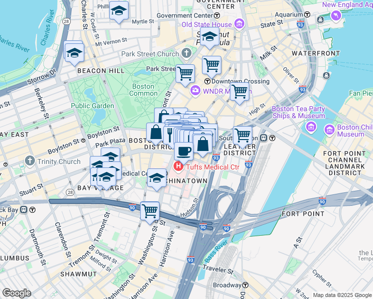 map of restaurants, bars, coffee shops, grocery stores, and more near 8 Kneeland Street in Boston