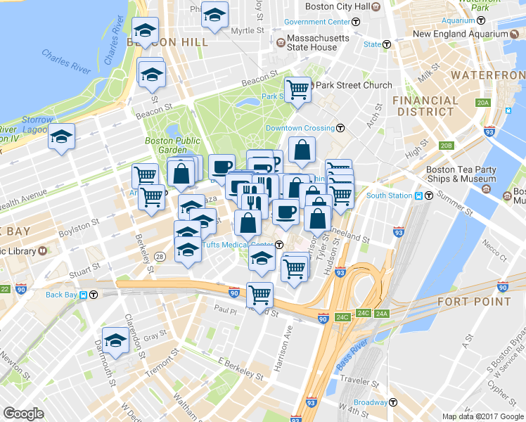 map of restaurants, bars, coffee shops, grocery stores, and more near in Boston