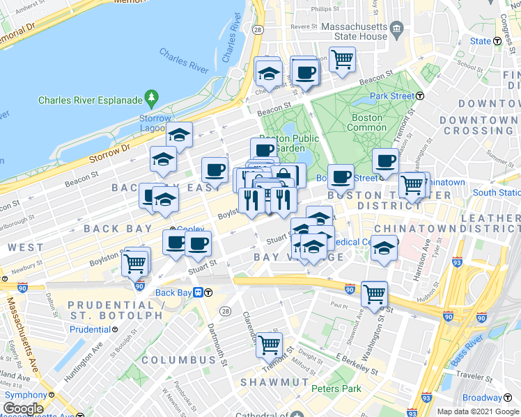 map of restaurants, bars, coffee shops, grocery stores, and more near 330 Boylston Street in Boston