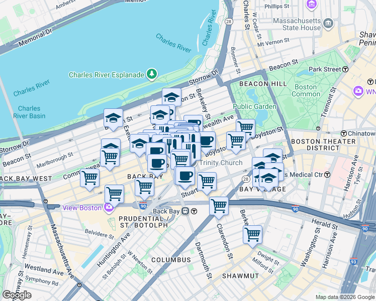 map of restaurants, bars, coffee shops, grocery stores, and more near 130B Newbury Street in Boston