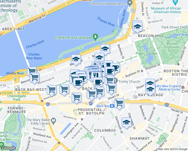 map of restaurants, bars, coffee shops, grocery stores, and more near 176 Newbury Street in Boston