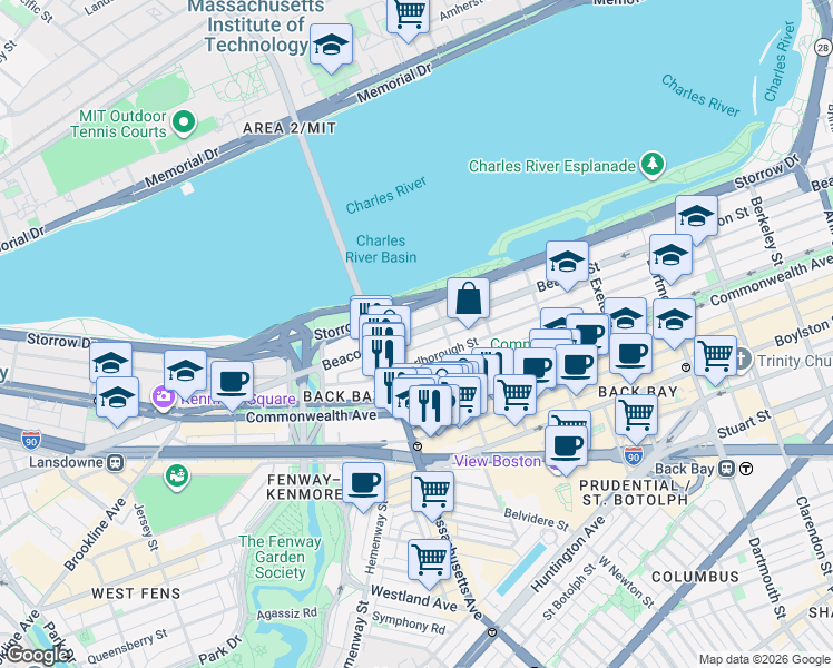 map of restaurants, bars, coffee shops, grocery stores, and more near 457 Beacon Street in Boston