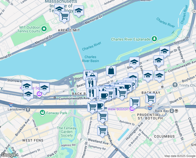map of restaurants, bars, coffee shops, grocery stores, and more near 457 Beacon Street in Boston